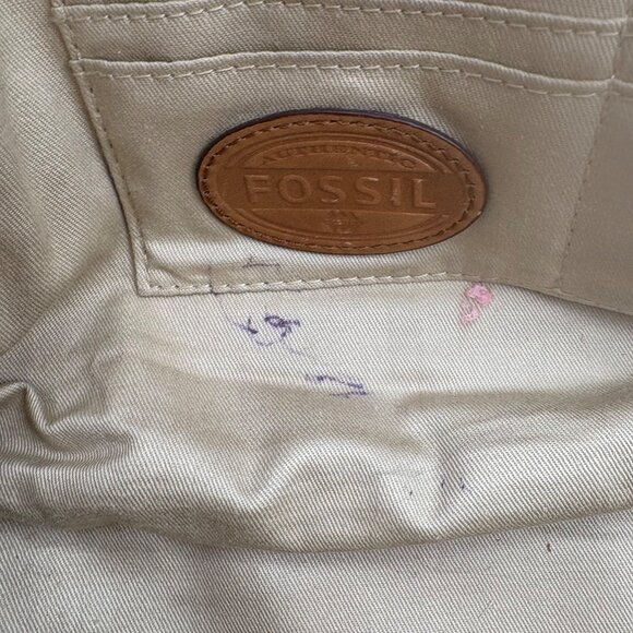 Fossil Leather Satchel Bag Camel Brown Zipper Closure Dual Handle Pre-Owned - Picture 4 of 7